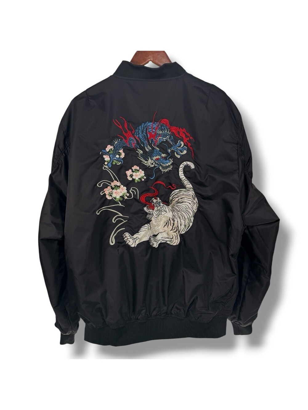 Vintage Tiger Dragon Embroidered Bomber Jacket Mens XL Black Sukajan Style